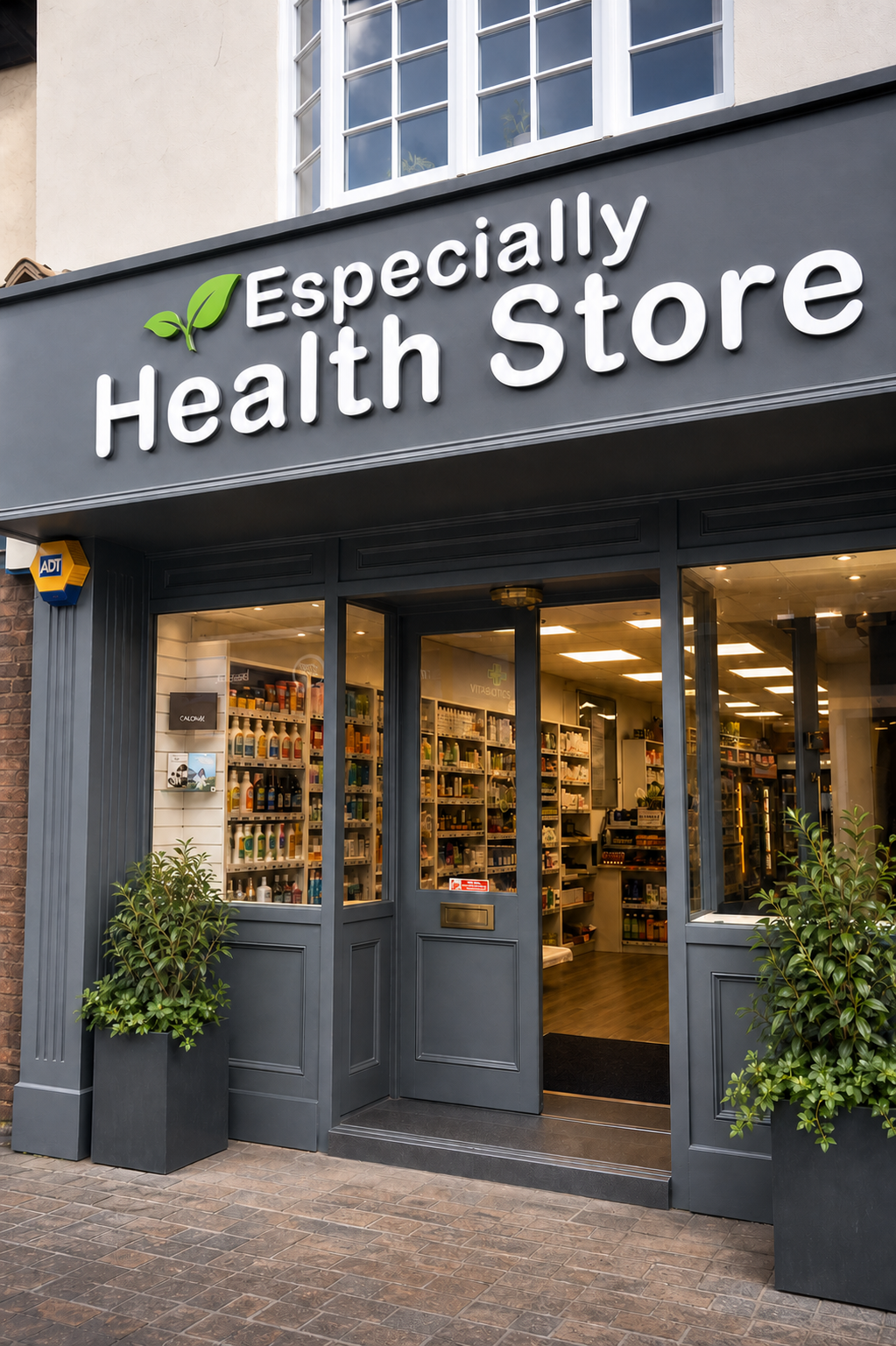 The charcoal-grey Especially Health Store frontage in Sevenoaks with its white sign, welcoming entrance and natural products visible inside