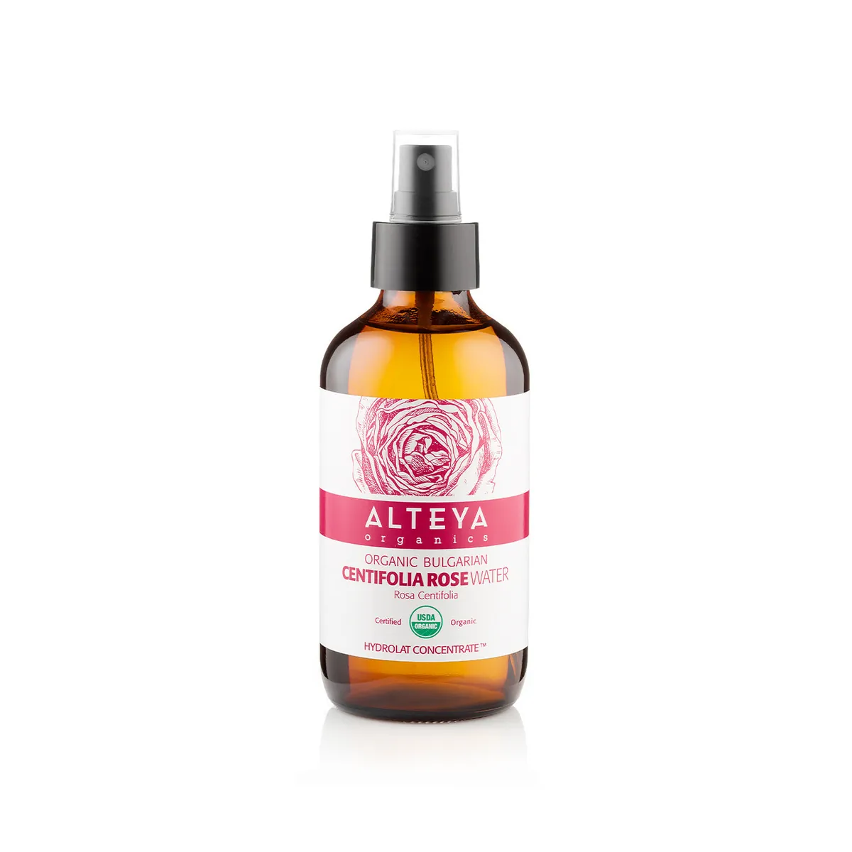 Organic Bulgarian Centifolia Rose Water 240ml Amber Glass Spray Bottle